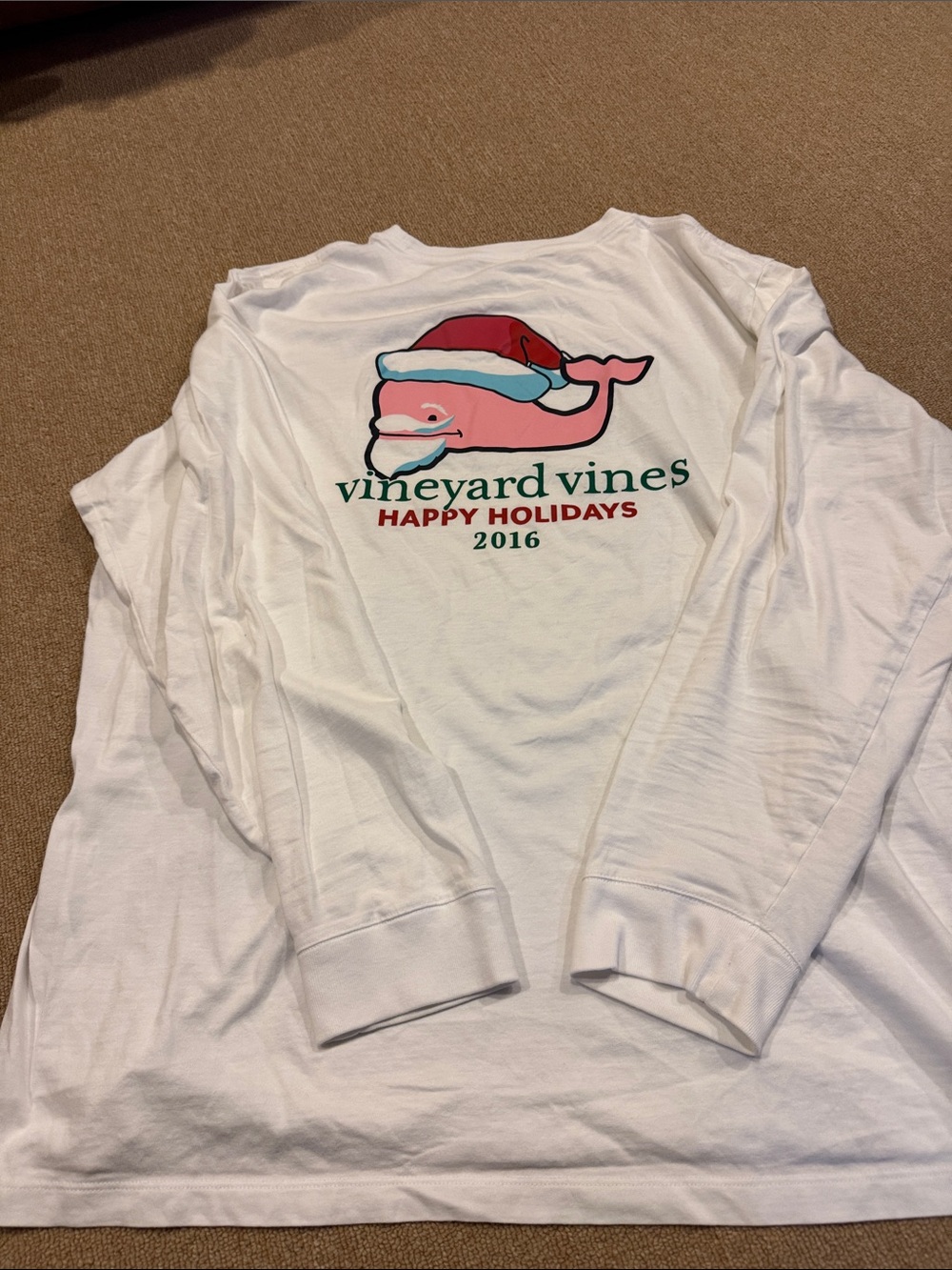 Vineyard Vines White Happy Holiday Tee with Pink Whale and Red Hat